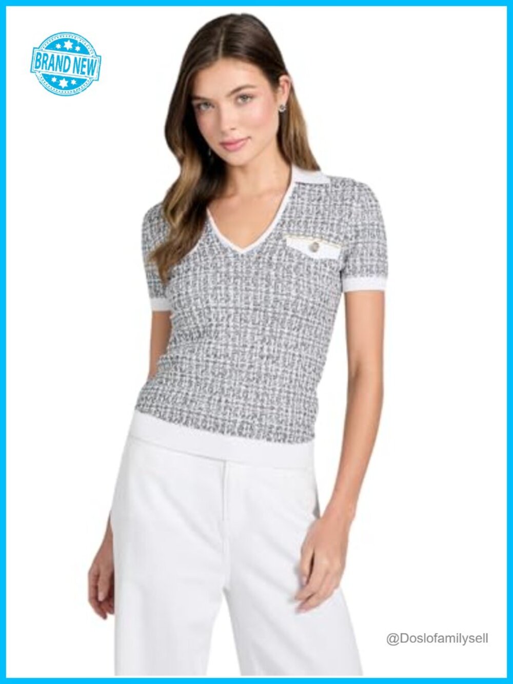 V-Neck Short Sleeve Sweater with Gold Chain Button Accents Organic Cotton